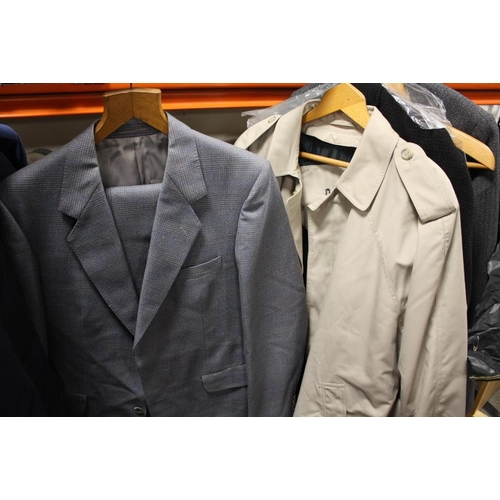 84 - A COLLECTION OF GENTS CLOTHING TO INCLUDE A BUSH OVER COAT, SUITS ETC