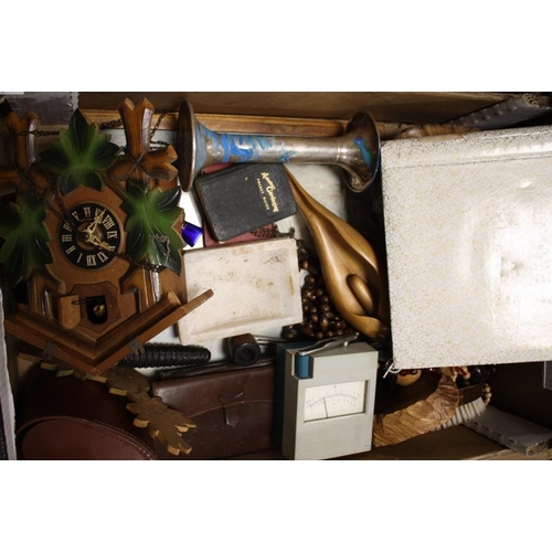 95 - A TRAY OF COLLECTABLES TO INCLUDE A CUCKOO CLOCK, BLACK AND WHITE PHOTOGRAPH ALBUM, CARVED TREEN ETC