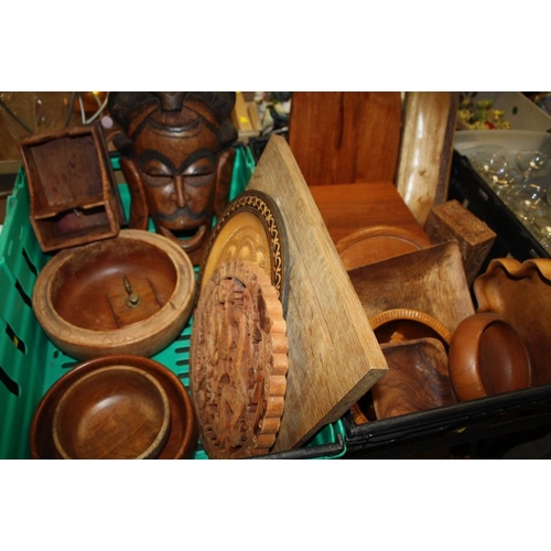 99 - TWO TRAYS ASSORTED TREEN TO INCLUDE A WALL HANGING MASK, LIDDED BOXES ETC