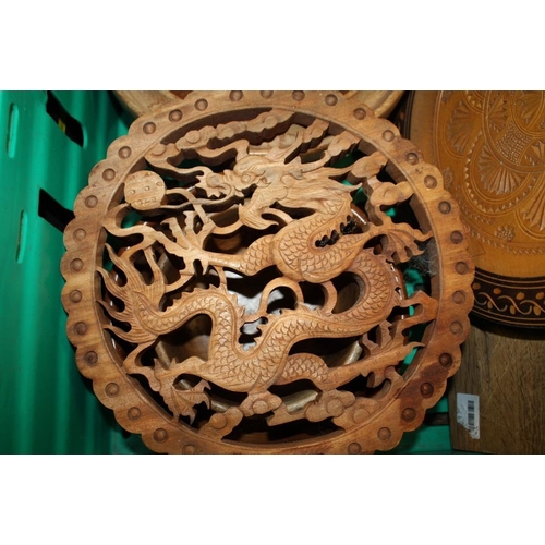 99 - TWO TRAYS ASSORTED TREEN TO INCLUDE A WALL HANGING MASK, LIDDED BOXES ETC
