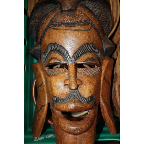 99 - TWO TRAYS ASSORTED TREEN TO INCLUDE A WALL HANGING MASK, LIDDED BOXES ETC