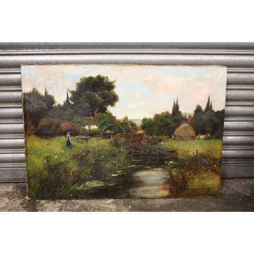 10 - AN ANTIQUE UNFRAMED OIL ON CANVAS DEPICTING A FIGURE DRIVING CATTLE OVER A RIVER BRIDGE - SIZE 84CM ... 