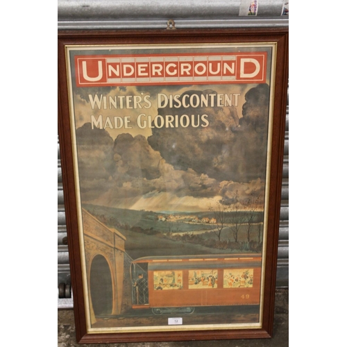 12 - A REPRODUCTION FRAMED AND GLAZED LONDON RAILWAY INTEREST PRINT ENTITLED 'UNDERGROUND WINTERS DISCONT... 