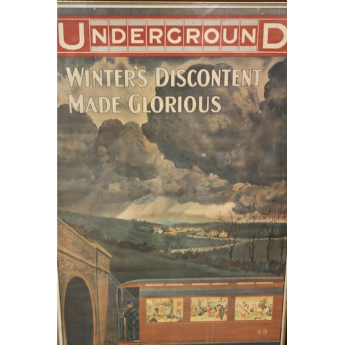 12 - A REPRODUCTION FRAMED AND GLAZED LONDON RAILWAY INTEREST PRINT ENTITLED 'UNDERGROUND WINTERS DISCONT... 