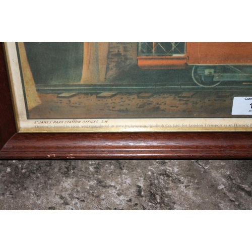 12 - A REPRODUCTION FRAMED AND GLAZED LONDON RAILWAY INTEREST PRINT ENTITLED 'UNDERGROUND WINTERS DISCONT... 