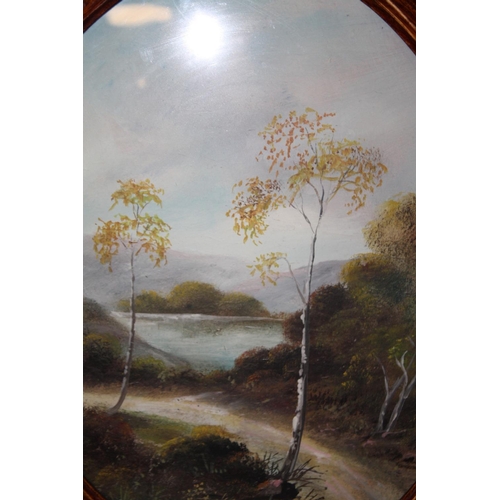 13 - AN OVAL FRAMED AND GLAZED OIL ON BOARD DEPICTING A COUNTRY PATH - SIZE 51CM X 40CM