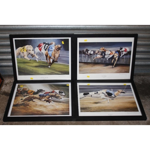 15 - A SET OF FOUR FRAMED AND GLAZED SIGNED GREYHOUND RACING INTEREST PRINTS BY DAVID FRENCH OVERALL SIZE... 