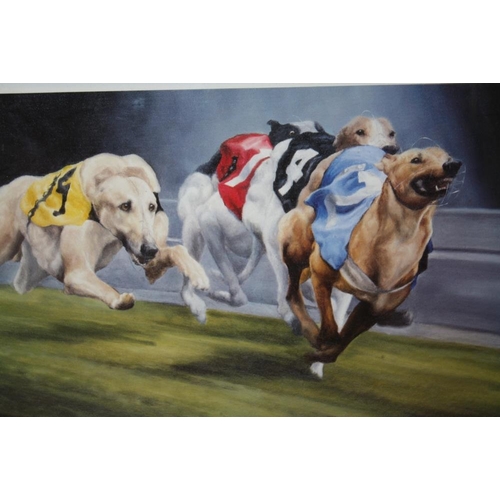 15 - A SET OF FOUR FRAMED AND GLAZED SIGNED GREYHOUND RACING INTEREST PRINTS BY DAVID FRENCH OVERALL SIZE... 