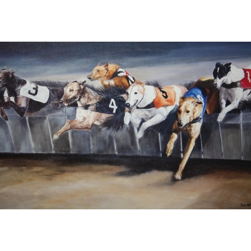 15 - A SET OF FOUR FRAMED AND GLAZED SIGNED GREYHOUND RACING INTEREST PRINTS BY DAVID FRENCH OVERALL SIZE... 