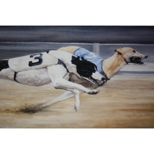 15 - A SET OF FOUR FRAMED AND GLAZED SIGNED GREYHOUND RACING INTEREST PRINTS BY DAVID FRENCH OVERALL SIZE... 