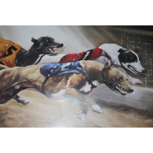 15 - A SET OF FOUR FRAMED AND GLAZED SIGNED GREYHOUND RACING INTEREST PRINTS BY DAVID FRENCH OVERALL SIZE... 