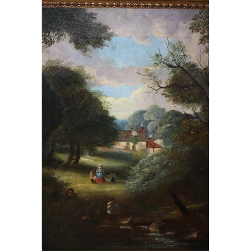 23 - AN ANTIQUE GILT FRAMED OIL ON CANVAS DEPICTING A WOODED RIVER LANDSCAPE WITH FIGURES - SIZE 40.5CM X... 