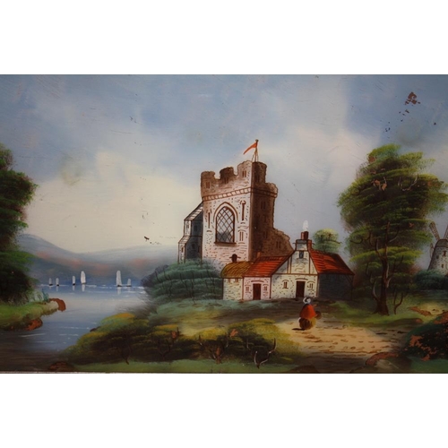 24 - A SATINWOOD FRAMED REVERSE PAINTING ON GLASS DEPICTING A CHURCH BESIDE A RIVER A/F - SIZE 60CM X 41C... 