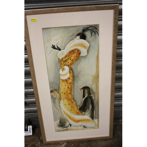 26 - A MODERN FRAMED AND GLAZED KAREN DUPRE PRINT OF AN ART DECO STYLE LADY WITH TWO DOGS - SIZE INCLUDIN... 