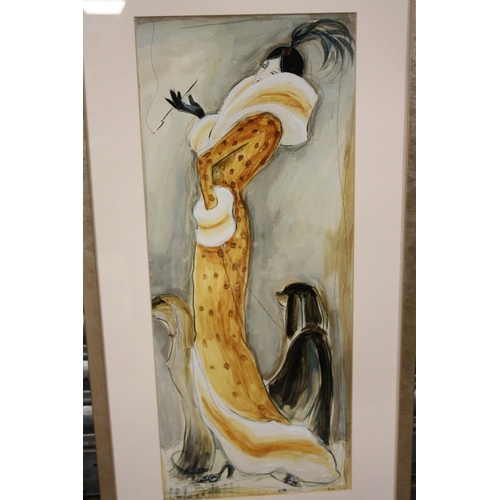 26 - A MODERN FRAMED AND GLAZED KAREN DUPRE PRINT OF AN ART DECO STYLE LADY WITH TWO DOGS - SIZE INCLUDIN... 