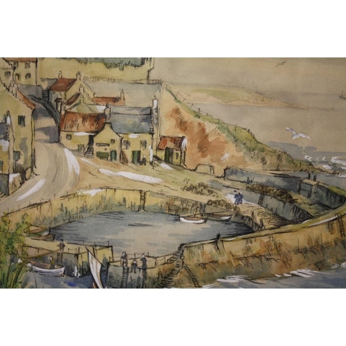 27 - A FRAMED AND GLAZED WATERCOLOUR DEPICTING CRAIL HARBOUR, FIFE, SCOTLAND SIGNED R. CAY - SIZE 36.5CM ... 