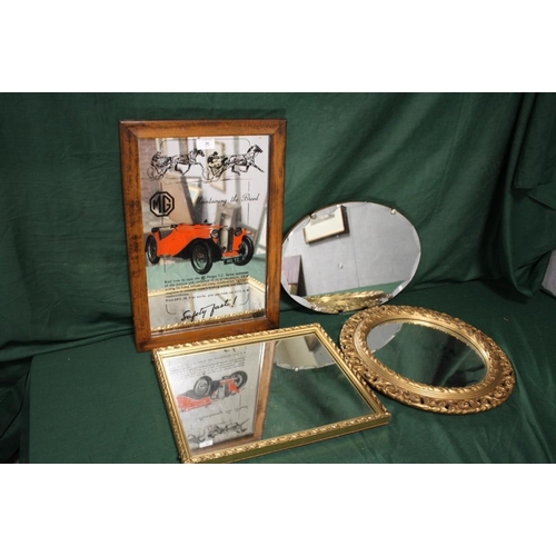 36 - FOUR ASSORTED WALL MIRRORS TO INCLUDE AN MG ADVERTISING EXAMPLE, GILT FRAMED CIRCULAR MIRROR ETC.