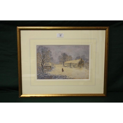 37 - A FRAMED AND GLAZED WATERCOLOUR OF A FIGURE IN A COUNTRY LANDSCAPE WITH COTTAGES BY ROBERT MANN SIGN... 