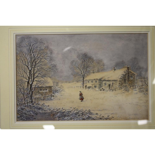 37 - A FRAMED AND GLAZED WATERCOLOUR OF A FIGURE IN A COUNTRY LANDSCAPE WITH COTTAGES BY ROBERT MANN SIGN... 