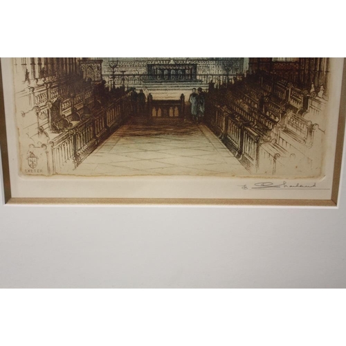 38 - A FRAMED AND GLAZED COLOURED ETCHING OF EXETER CATHEDRAL BY EDWARD SHARLAND SIGNED IN PENCIL LOWER R... 