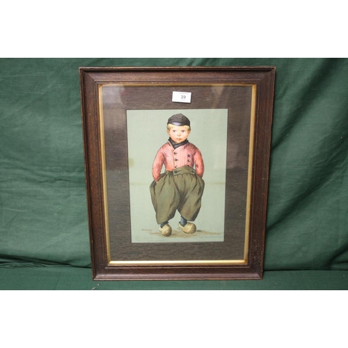 39 - A VINTAGE FRAMED AND GLAZED PRINT OF A DUTCH BOY, 21.5 X 31 CM