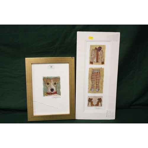 40 - TWO SIGNED NICKY BELTON MIXED MEDIA PICTURES OF A JACK RUSSELL AND LADIES CLOTHING