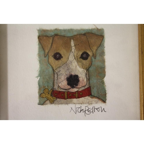 40 - TWO SIGNED NICKY BELTON MIXED MEDIA PICTURES OF A JACK RUSSELL AND LADIES CLOTHING