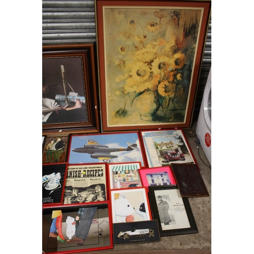 5 - A LARGE QUANTITY OF ASSORTED PRINTS ETC. TO INCLUDE A CARVED WOODEN PANEL, TEDDY BEAR MIRROR, LARGE ... 