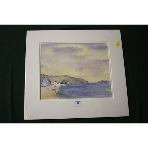 51 - AN UNFRAMED MOUNTED WATERCOLOUR, OF PORTH DINLLAEN, SIGNED J. BENNETT, 28.5 X 23.5 CM