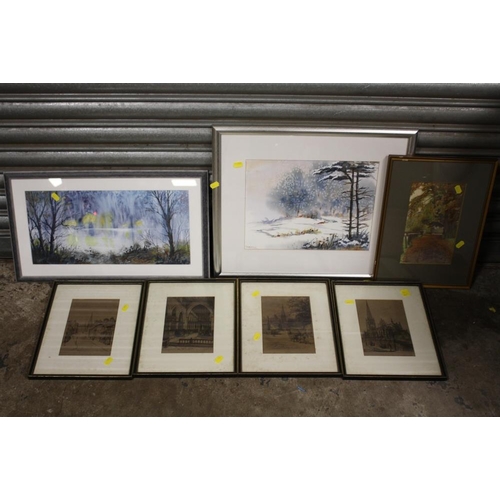 9 - THREE ASSORTED FRAMED AND GLAZED WATERCOLOURS, TOGETHER WITH A SET OF FOUR ENGRAVINGS RELATING TO WA... 