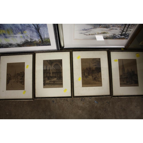 9 - THREE ASSORTED FRAMED AND GLAZED WATERCOLOURS, TOGETHER WITH A SET OF FOUR ENGRAVINGS RELATING TO WA... 