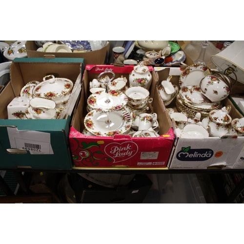 109 - THREE TRAYS OF ROYAL ALBERT OLD COUNTRY ROSES CHINA TO INCLUDE A TABLE LAMP, CAKE STAND, CUPS AND SA... 