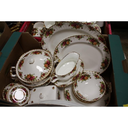 109 - THREE TRAYS OF ROYAL ALBERT OLD COUNTRY ROSES CHINA TO INCLUDE A TABLE LAMP, CAKE STAND, CUPS AND SA... 