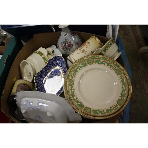 111 - TWO TRAYS OF ASSORTED CERAMICS TO INCLUDE WOODS IVORY WARE, BURLEIGH WARE SUN RAY EXAMPLES