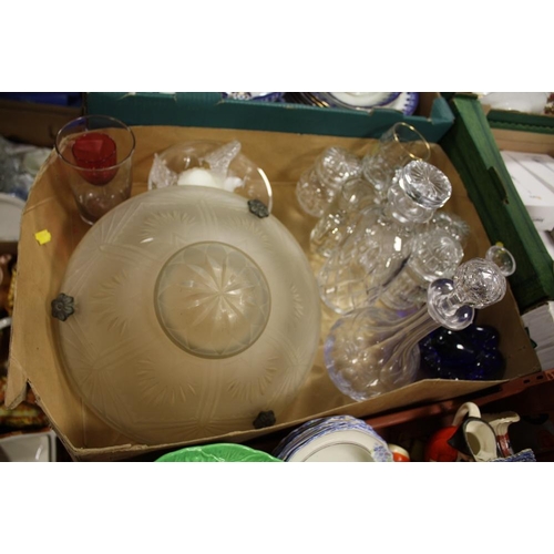 112 - A TRAY OF ASSORTED GLASSWARE TO INCLUDE A CUT GLASS CEILING LIGHT SHADE, DECANTERS ETC.