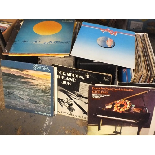 128 - THREE CASES AND A BOX OF ASSORTED LP RECORDS TO INCLUDE SUPERTRAMP, ELO, ELTON JOHN ETC.