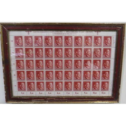 377 - A SHEET OF 50 WW2 DEUTCHES REICH STAMPS SHOWING THE PROFILE OF ADOLF HITLER SET IN A PERIOD GLAZED F... 
