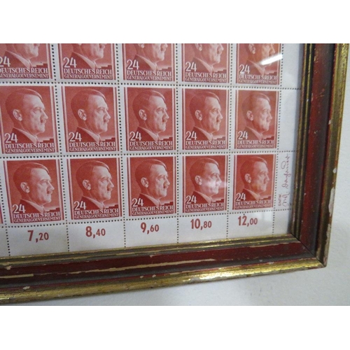 377 - A SHEET OF 50 WW2 DEUTCHES REICH STAMPS SHOWING THE PROFILE OF ADOLF HITLER SET IN A PERIOD GLAZED F... 