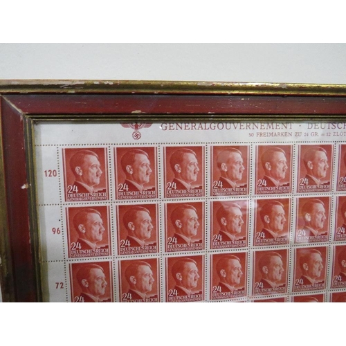 377 - A SHEET OF 50 WW2 DEUTCHES REICH STAMPS SHOWING THE PROFILE OF ADOLF HITLER SET IN A PERIOD GLAZED F... 