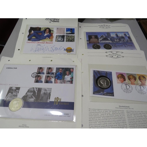 380 - AN ALBUM OF POST OFFICE FIRST DAY COVERS,  TOGETHER WITH THREE COMMEMORATIVE COINS AND STAMPS FIRST ... 