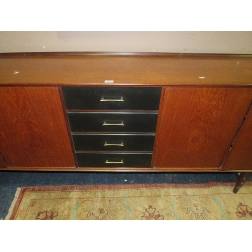 629 - A RETRO TEAK LONG SIDEBOARD WITH FOUR DRAWERS H-84 W-221 D-45 CM