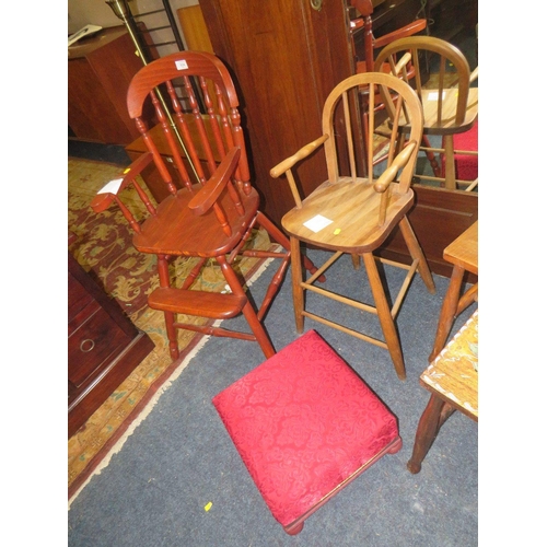 634 - TWO CHILDS HOOPBACK HIGH CHAIRS, A PAIR OF STOOLS AND ANOTHER STOOL (5)
