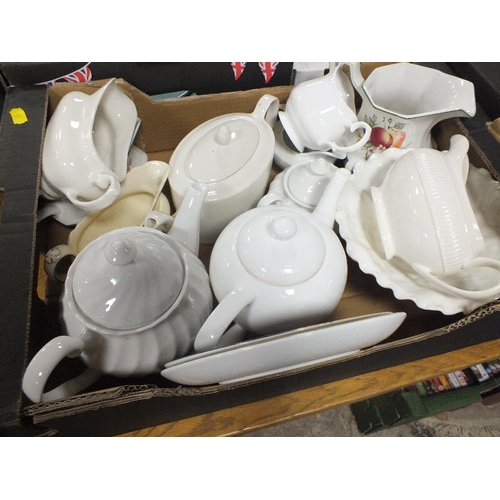 77 - A TRAY OF MOSTLY PLAIN WHITE TEAPOTS TOGETHER WITH A TRAY OF GLASSWARE AND A SMALL TRAY OF METALWARE... 