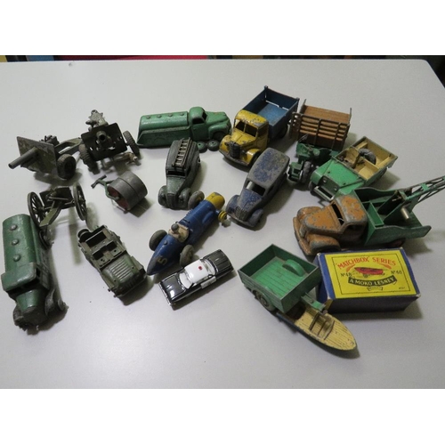 91 - A QUANTITY OF VINTAGE DIECAST VEHICLES TO INCLUDE A DINKY BLAW KNOX  BULLDOZER AND COLES MOBILE CRAN... 