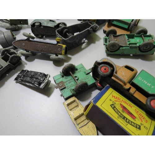 91 - A QUANTITY OF VINTAGE DIECAST VEHICLES TO INCLUDE A DINKY BLAW KNOX  BULLDOZER AND COLES MOBILE CRAN... 