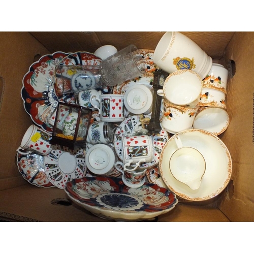 94 - THREE TRAYS OF ASSORTED CHINA AND CERAMICS TO INCLUDE ELIZABETHAN CHINA, IMARI STYLE PLATES ETC.