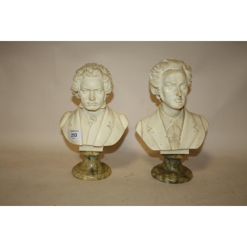 253 - A PAIR OF RESIN BUSTS OF BEETHOVEN AND CHOPIN SIGNED A. GIANNELLI, HEIGHT 25 CM