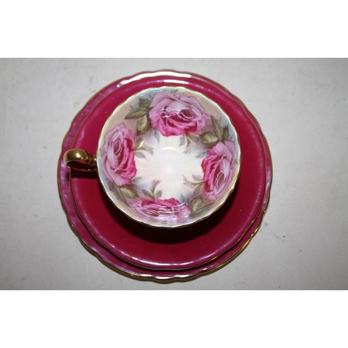 282 - AN AYNSLEY CABBAGE ROSE PATTERN CUP, SAUCER AND SIDEPLATE TRIO