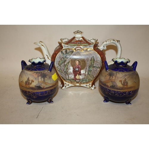 287 - A PAIR OF NORITAKE TWIN HANDLED HAND PAINTED VASES TOGETHER WITH AN ANTIQUE TEA POT