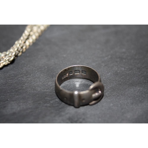 300 - A HALLMARKED SILVER BUCKLE RING TOGETHER WITH A 925 SILVER CHAIN AND AN ALBERTINA WATCH CHAIN